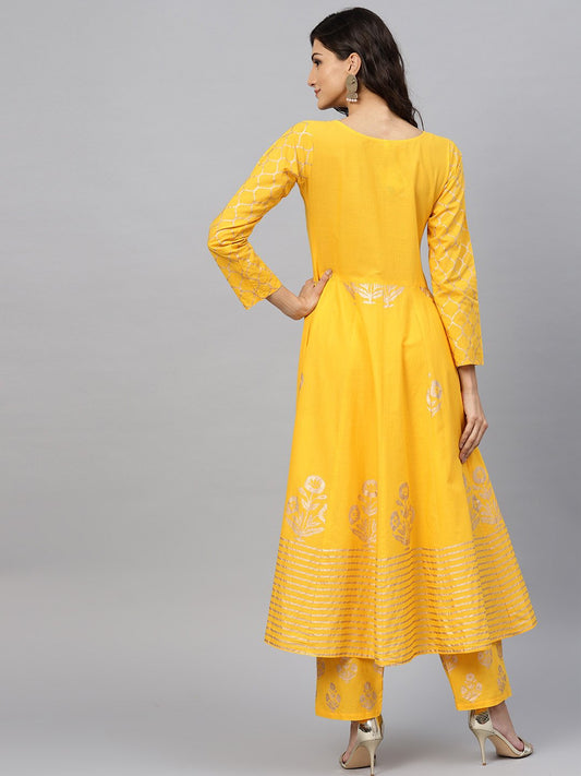 Yellow Self Design Printed 3/4Th Sleeve Cotton Anarkali Kurta With Ankle Length Printed Palazzo | LASVINI - Redefining Indian Fashion with Elegance