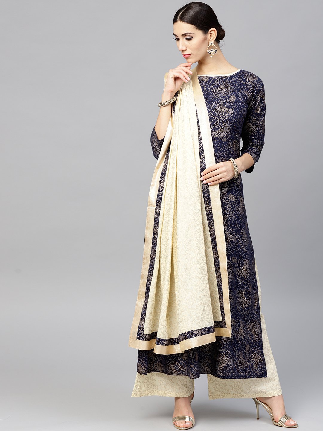 Navy Blue Kurta Set With Cream Palazzo And Dupatta | LASVINI - Redefining Indian Fashion with Elegance