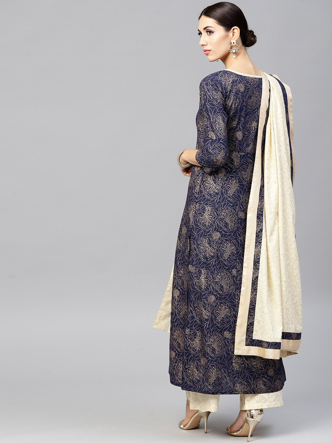 Navy Blue Kurta Set With Cream Palazzo And Dupatta | LASVINI - Redefining Indian Fashion with Elegance