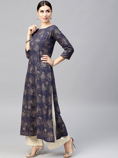 Navy Blue Kurta Set With Cream Palazzo And Dupatta | LASVINI - Redefining Indian Fashion with Elegance