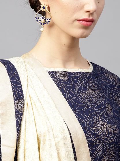 Navy Blue Kurta Set With Cream Palazzo And Dupatta | LASVINI - Redefining Indian Fashion with Elegance