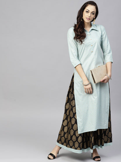 Powder Blue 3/4Th Sleeve Cotton Kurta With Black Printed Palazzo | LASVINI - Redefining Indian Fashion with Elegance