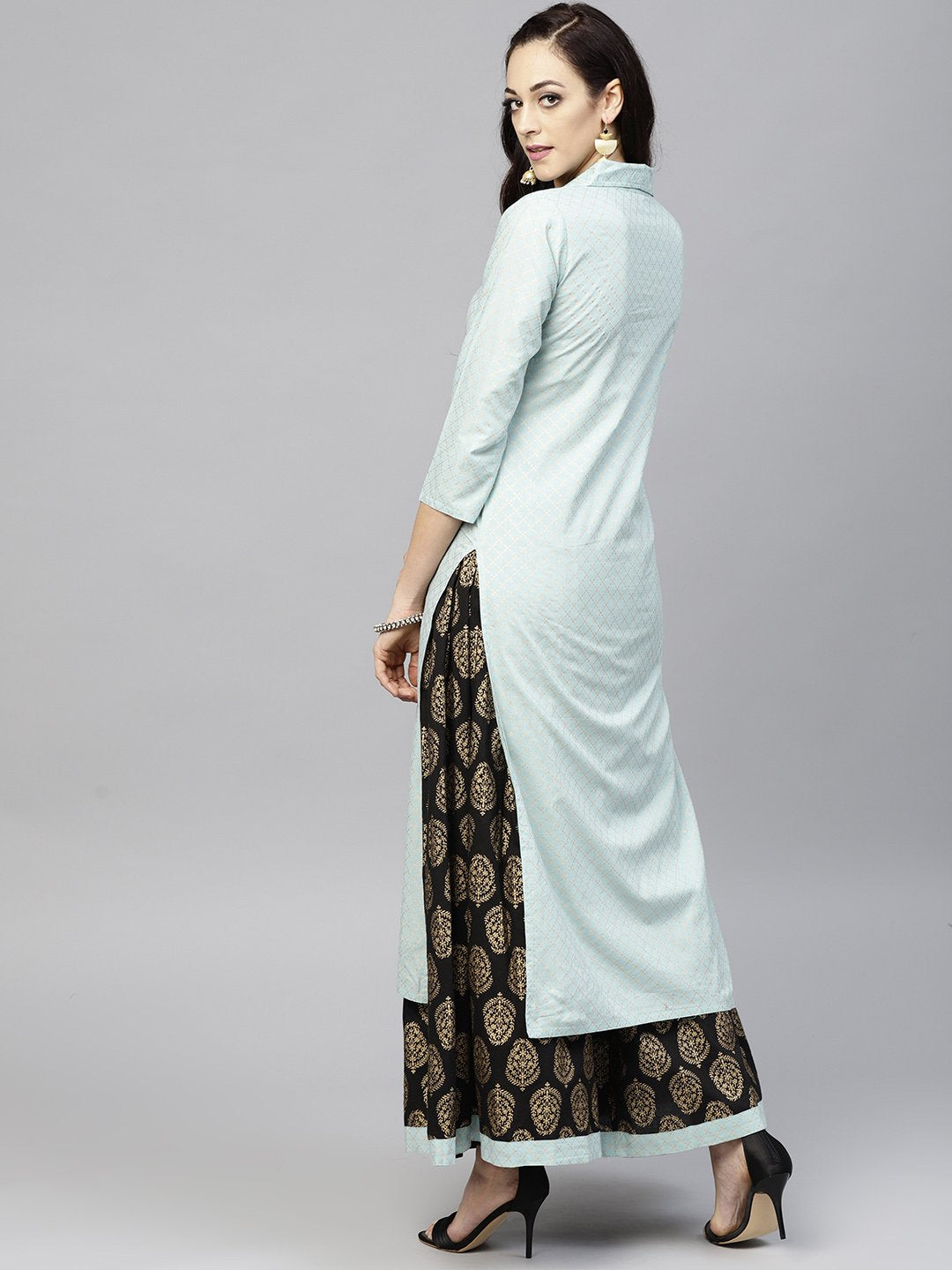 Powder Blue 3/4Th Sleeve Cotton Kurta With Black Printed Palazzo | LASVINI - Redefining Indian Fashion with Elegance
