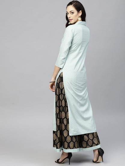Powder Blue 3/4Th Sleeve Cotton Kurta With Black Printed Palazzo | LASVINI - Redefining Indian Fashion with Elegance