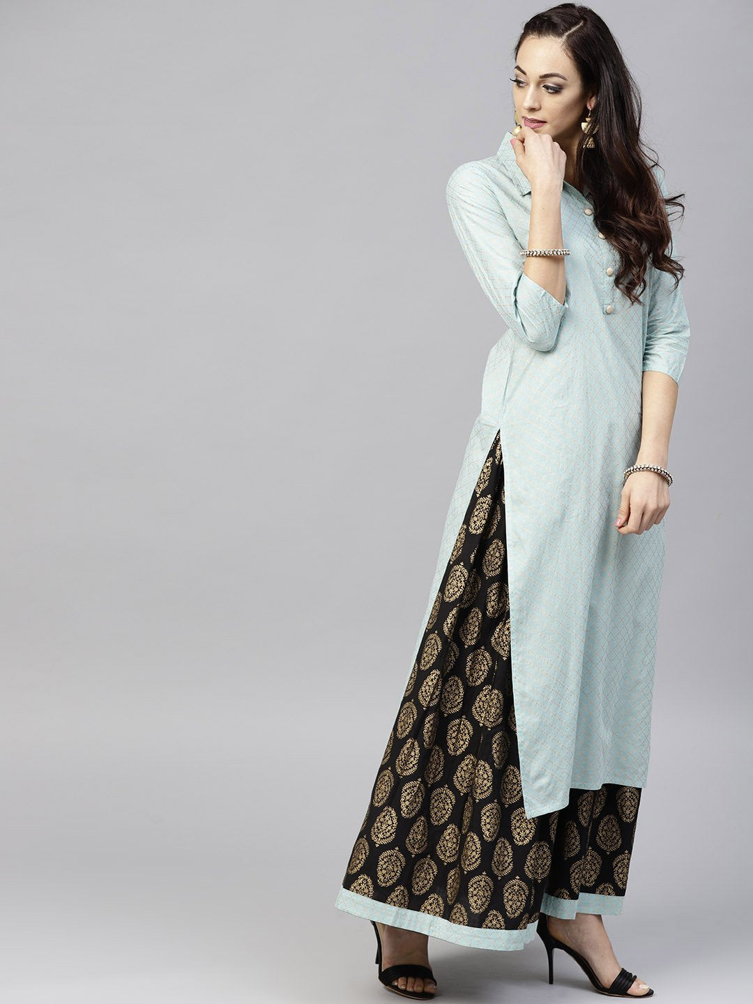 Powder Blue 3/4Th Sleeve Cotton Kurta With Black Printed Palazzo | LASVINI - Redefining Indian Fashion with Elegance