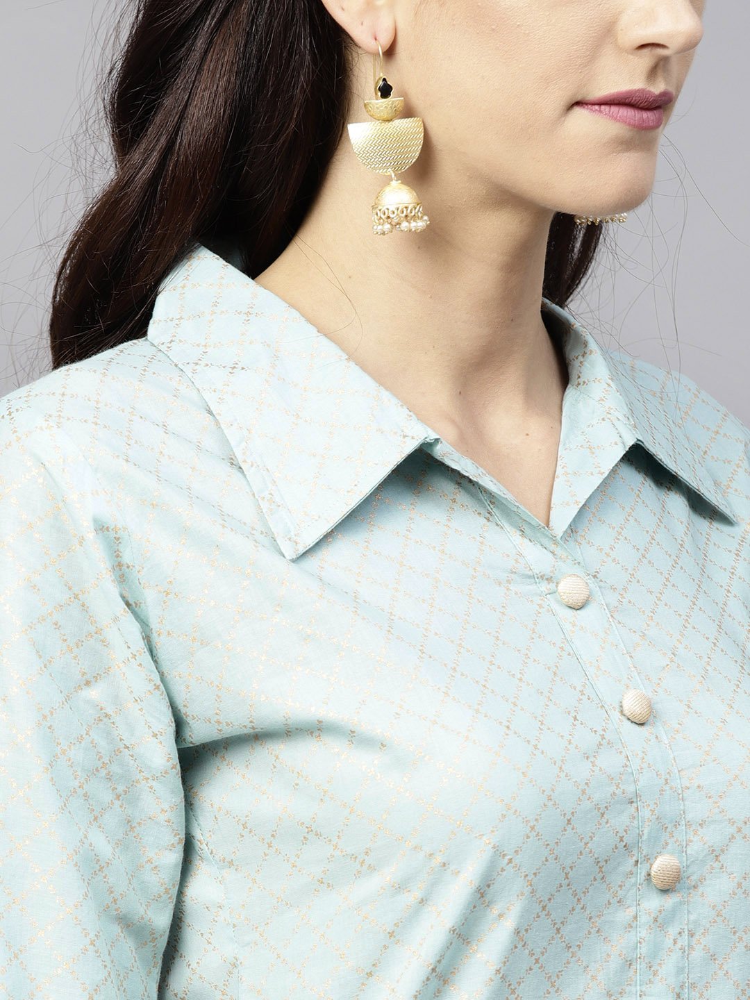 Powder Blue 3/4Th Sleeve Cotton Kurta With Black Printed Palazzo | LASVINI - Redefining Indian Fashion with Elegance