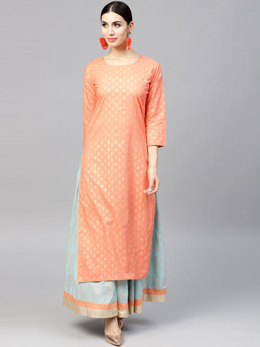 Orange Printed 3/4Th Sleeve Cotton Kurta Set With Printed Light Blue Palazzo | LASVINI - Redefining Indian Fashion with Elegance