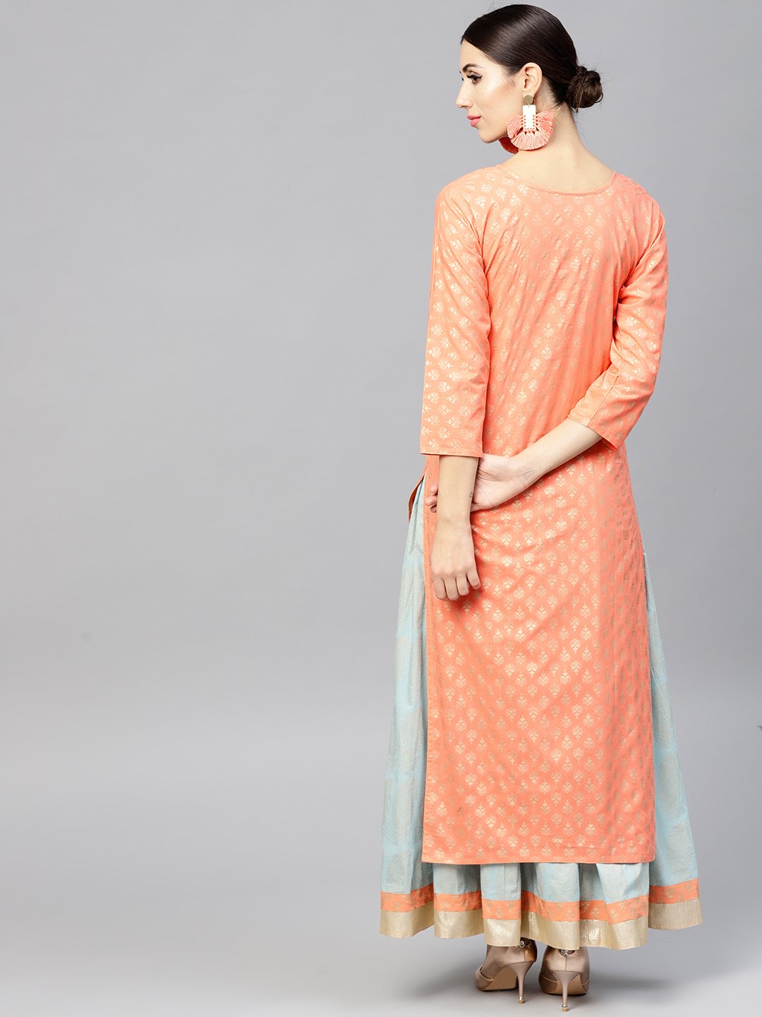 Orange Printed 3/4Th Sleeve Cotton Kurta Set With Printed Light Blue Palazzo | LASVINI - Redefining Indian Fashion with Elegance