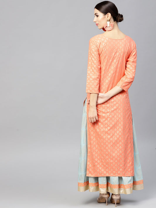 Orange Printed 3/4Th Sleeve Cotton Kurta Set With Printed Light Blue Palazzo | LASVINI - Redefining Indian Fashion with Elegance