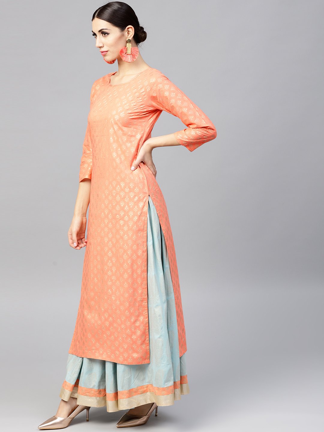 Orange Printed 3/4Th Sleeve Cotton Kurta Set With Printed Light Blue Palazzo | LASVINI - Redefining Indian Fashion with Elegance