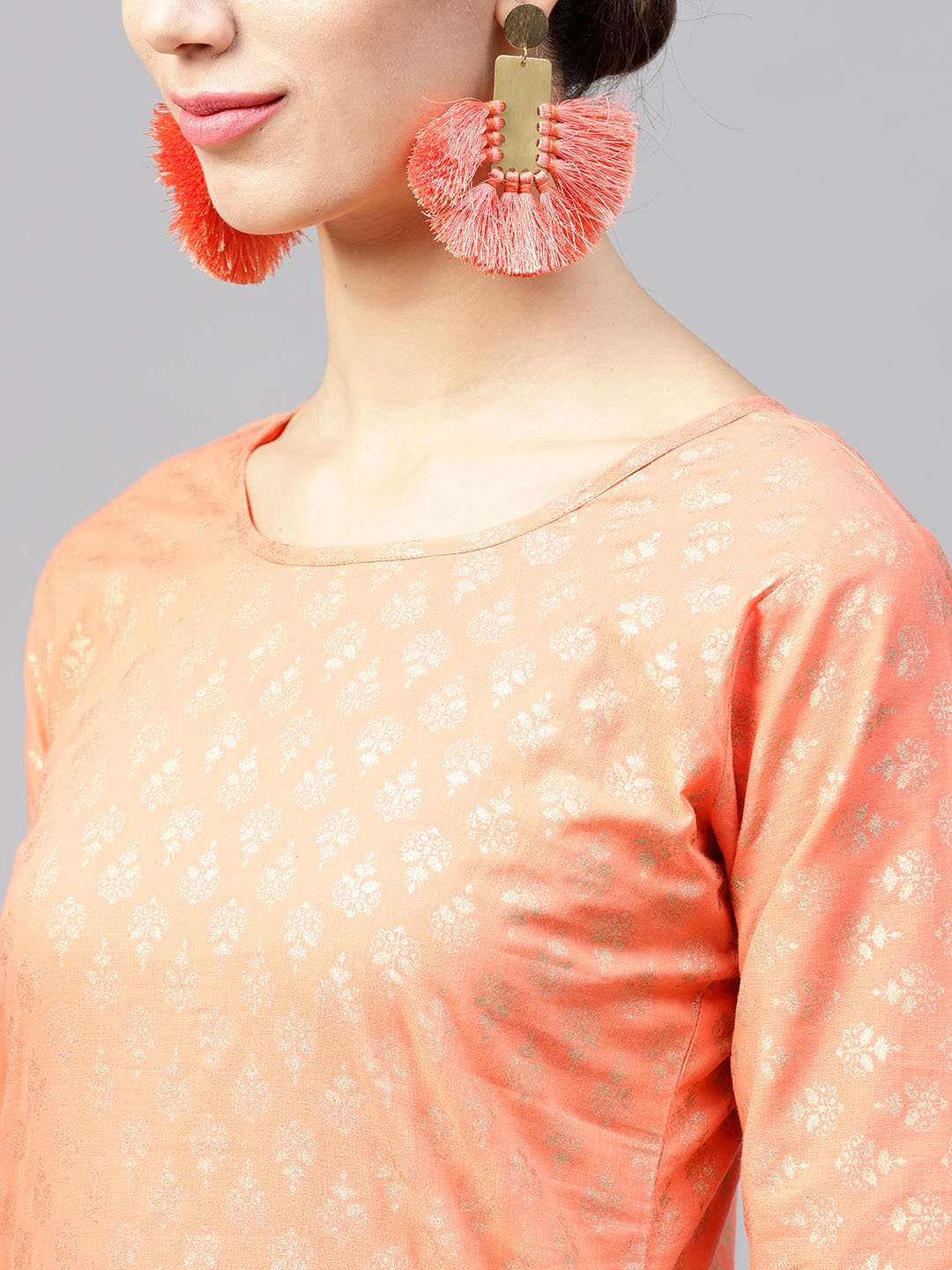 Orange Printed 3/4Th Sleeve Cotton Kurta Set With Printed Light Blue Palazzo | LASVINI - Redefining Indian Fashion with Elegance