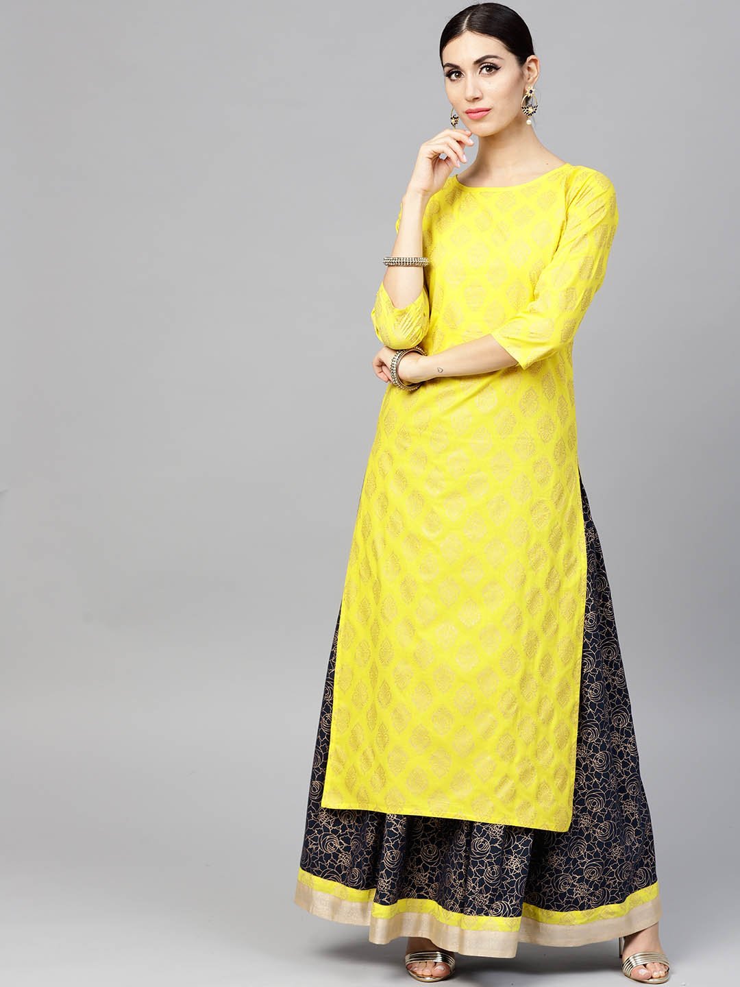 Bright Yellow Printed 3/4Th Sleeve Kurta Set With Navy Blue Skirt | LASVINI - Redefining Indian Fashion with Elegance