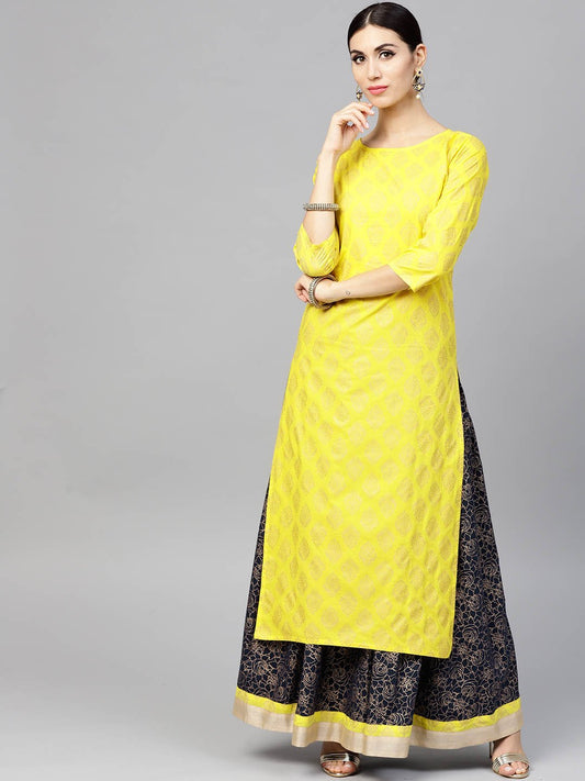 Bright Yellow Printed 3/4Th Sleeve Kurta Set With Navy Blue Skirt | LASVINI - Redefining Indian Fashion with Elegance