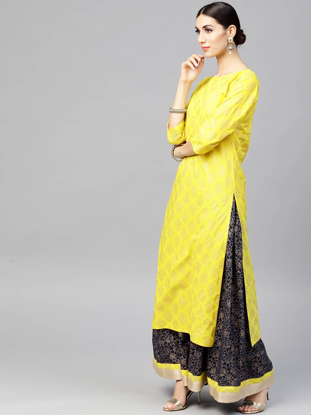 Bright Yellow Printed 3/4Th Sleeve Kurta Set With Navy Blue Skirt | LASVINI - Redefining Indian Fashion with Elegance