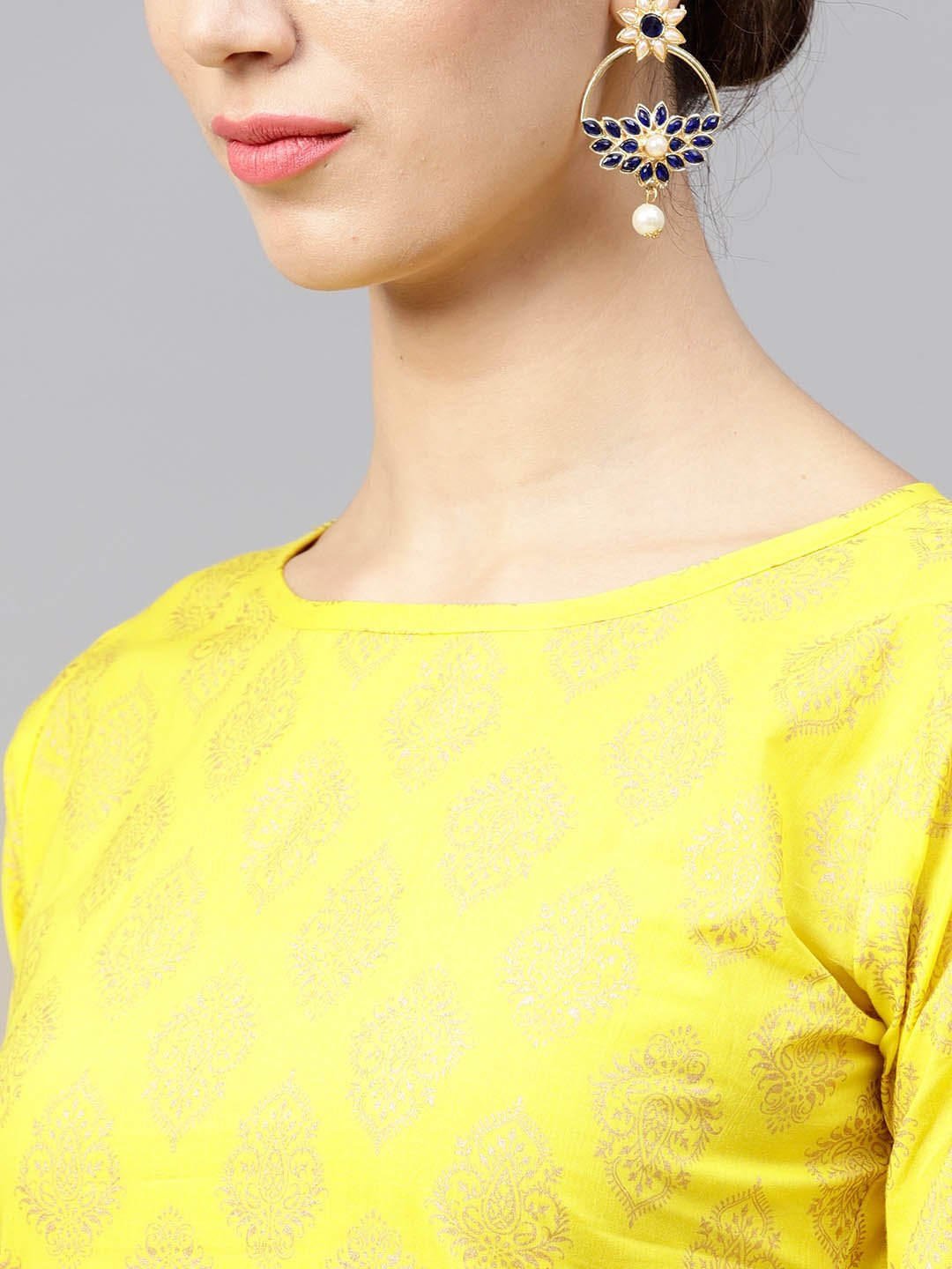 Bright Yellow Printed 3/4Th Sleeve Kurta Set With Navy Blue Skirt | LASVINI - Redefining Indian Fashion with Elegance