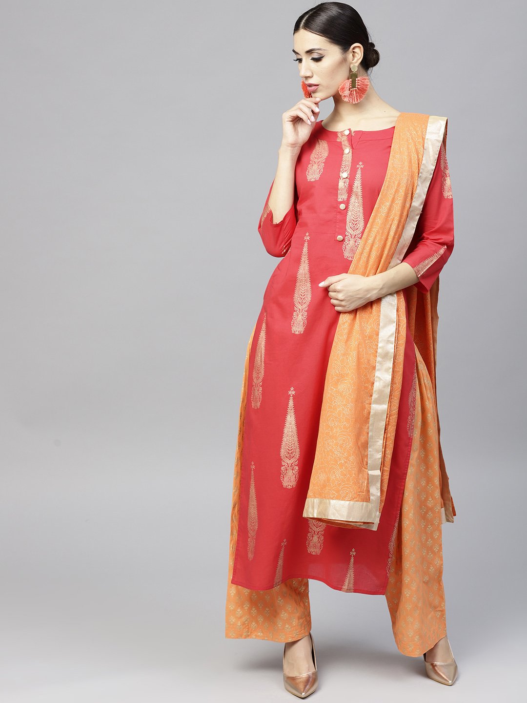 Red Printed 3/4Th Sleeve Cotton Kurta Set With Peach Printed Palazzo And Dupatta | LASVINI - Redefining Indian Fashion with Elegance