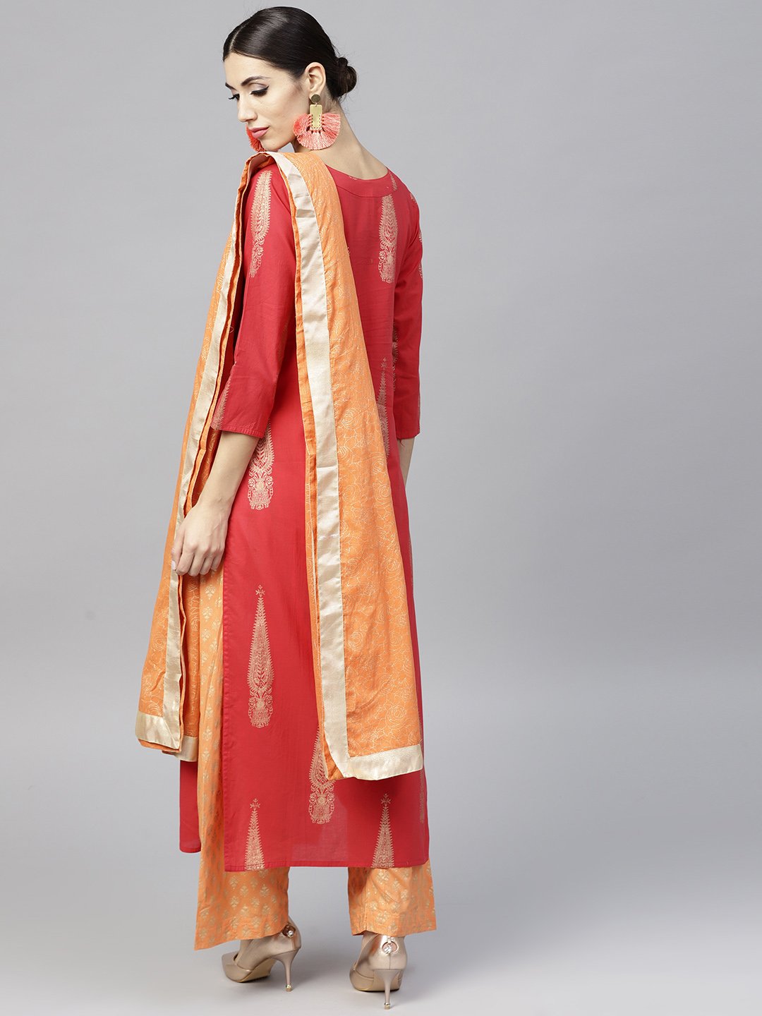 Red Printed 3/4Th Sleeve Cotton Kurta Set With Peach Printed Palazzo And Dupatta | LASVINI - Redefining Indian Fashion with Elegance
