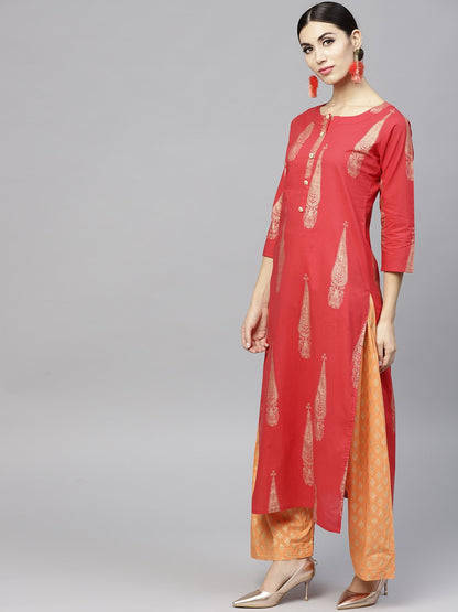Red Printed 3/4Th Sleeve Cotton Kurta Set With Peach Printed Palazzo And Dupatta | LASVINI - Redefining Indian Fashion with Elegance
