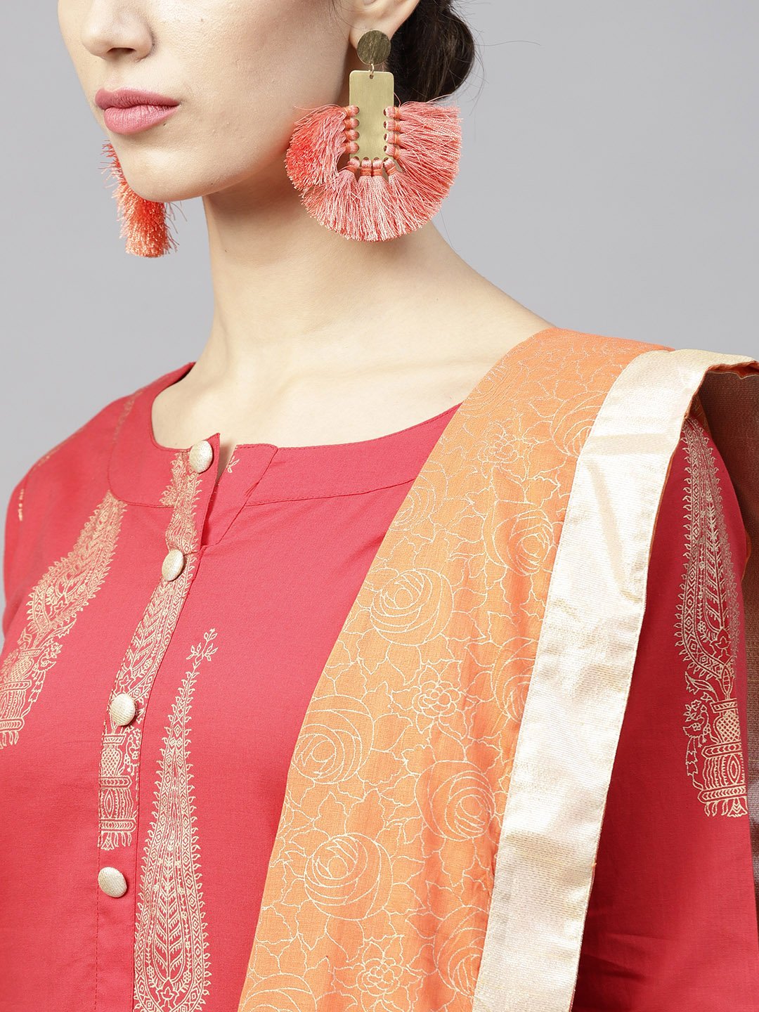 Red Printed 3/4Th Sleeve Cotton Kurta Set With Peach Printed Palazzo And Dupatta | LASVINI - Redefining Indian Fashion with Elegance