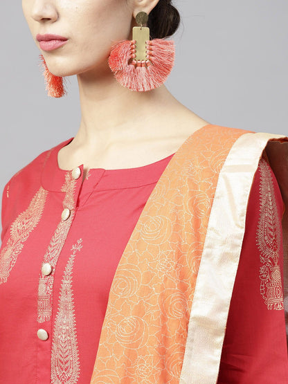 Red Printed 3/4Th Sleeve Cotton Kurta Set With Peach Printed Palazzo And Dupatta | LASVINI - Redefining Indian Fashion with Elegance