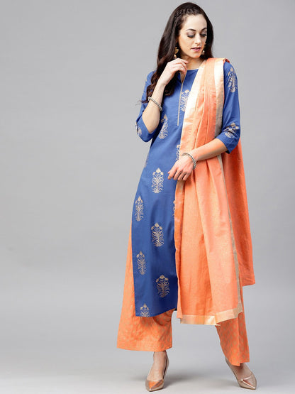 Royal Blue Printed 3/4Th Sleeve Cotton Kurta Set With Peach Palazzo And Dupatta | LASVINI - Redefining Indian Fashion with Elegance