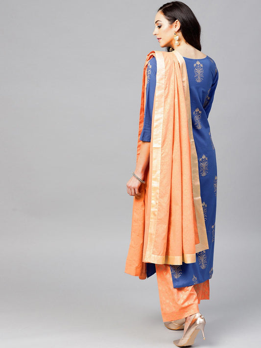 Royal Blue Printed 3/4Th Sleeve Cotton Kurta Set With Peach Palazzo And Dupatta | LASVINI - Redefining Indian Fashion with Elegance