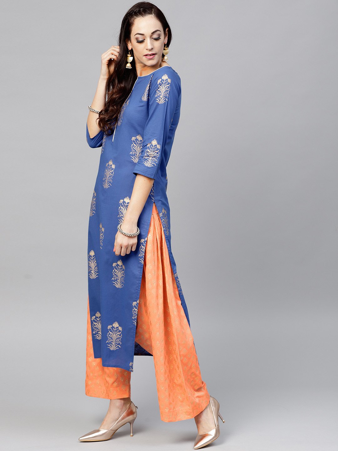 Royal Blue Printed 3/4Th Sleeve Cotton Kurta Set With Peach Palazzo And Dupatta | LASVINI - Redefining Indian Fashion with Elegance