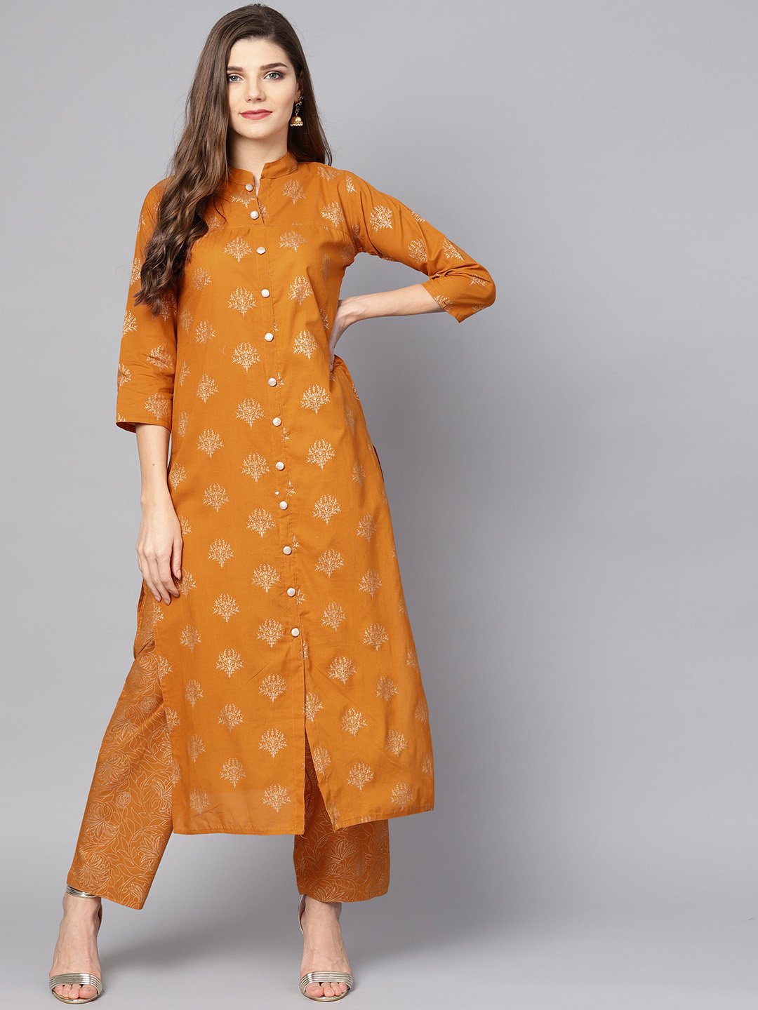 Mustard Printed 3/4Th Sleeve Cotton Kurta Set With Straight Palazzo | LASVINI - Redefining Indian Fashion with Elegance