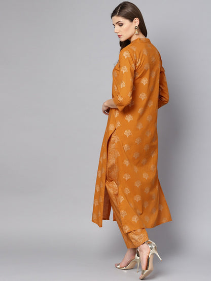 Mustard Printed 3/4Th Sleeve Cotton Kurta Set With Straight Palazzo | LASVINI - Redefining Indian Fashion with Elegance