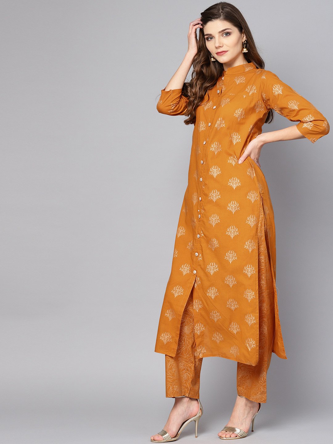 Mustard Printed 3/4Th Sleeve Cotton Kurta Set With Straight Palazzo | LASVINI - Redefining Indian Fashion with Elegance
