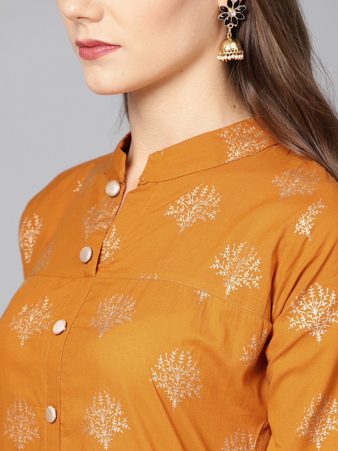 Mustard Printed 3/4Th Sleeve Cotton Kurta Set With Straight Palazzo | LASVINI - Redefining Indian Fashion with Elegance