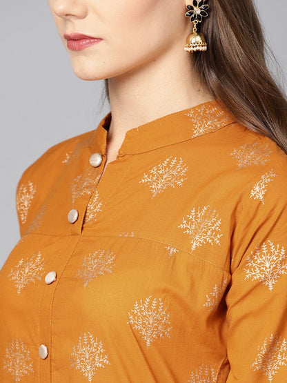 Mustard Printed 3/4Th Sleeve Cotton Kurta Set With Straight Palazzo | LASVINI - Redefining Indian Fashion with Elegance