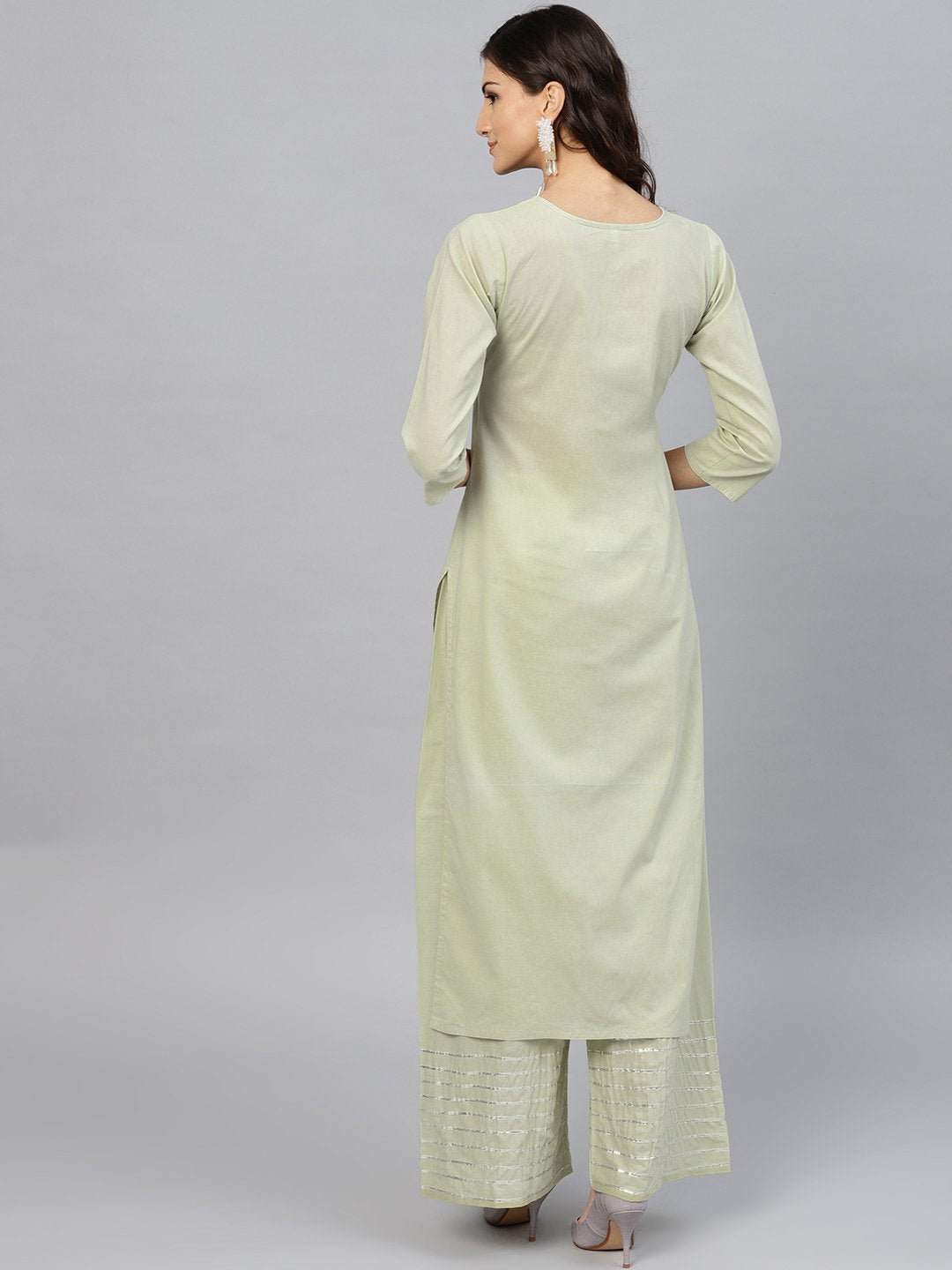 Pastel Green 3/4Th Sleeve Cotton Kurta With Gotta Patti Work At Yoke And Ankle Length Palazzo | LASVINI - Redefining Indian Fashion with Elegance