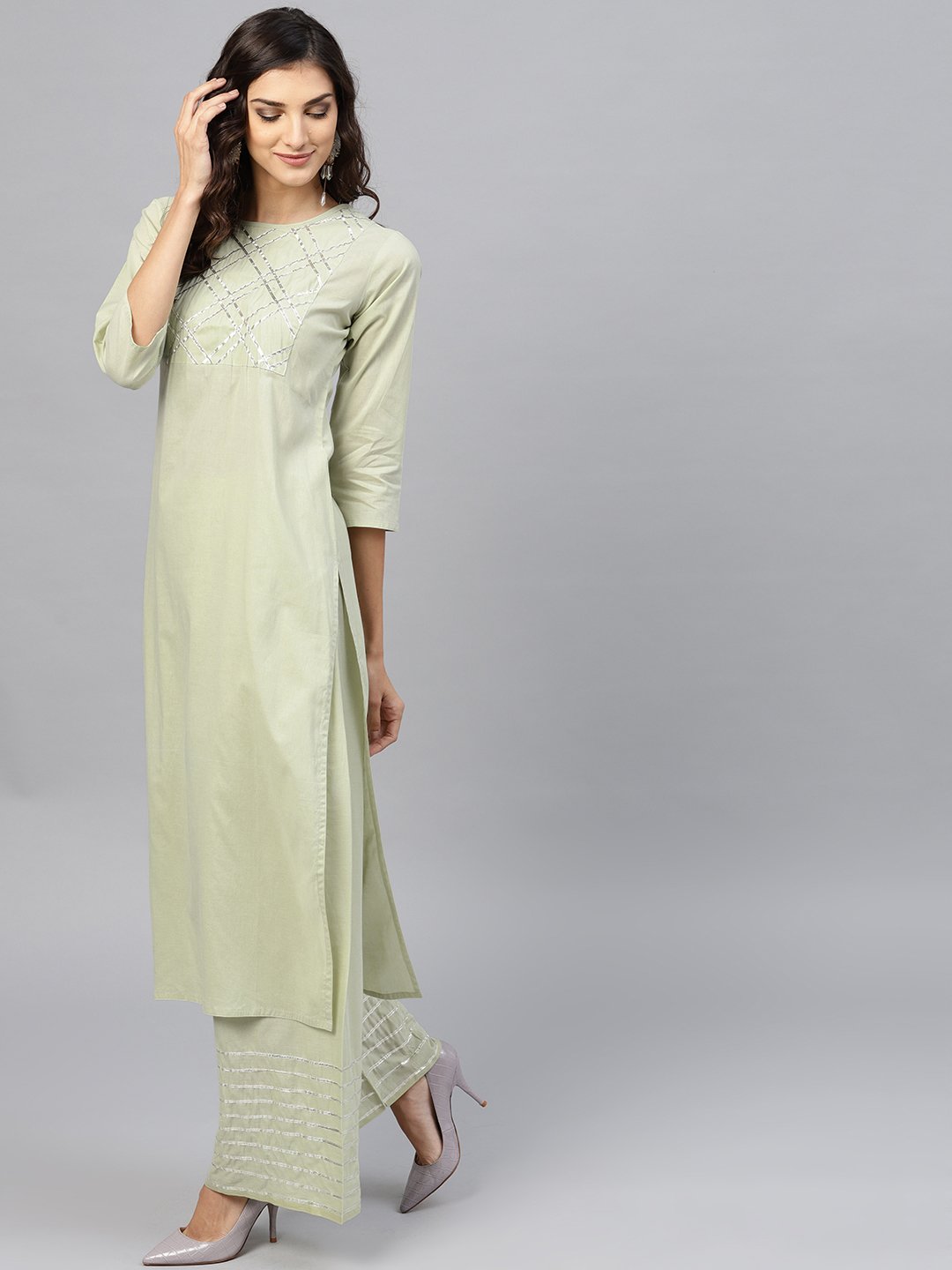 Pastel Green 3/4Th Sleeve Cotton Kurta With Gotta Patti Work At Yoke And Ankle Length Palazzo | LASVINI - Redefining Indian Fashion with Elegance