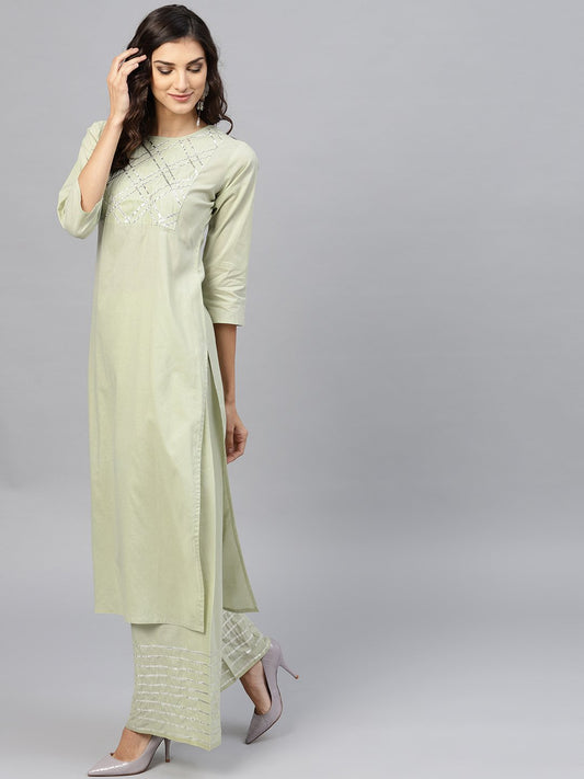 Pastel Green 3/4Th Sleeve Cotton Kurta With Gotta Patti Work At Yoke And Ankle Length Palazzo | LASVINI - Redefining Indian Fashion with Elegance
