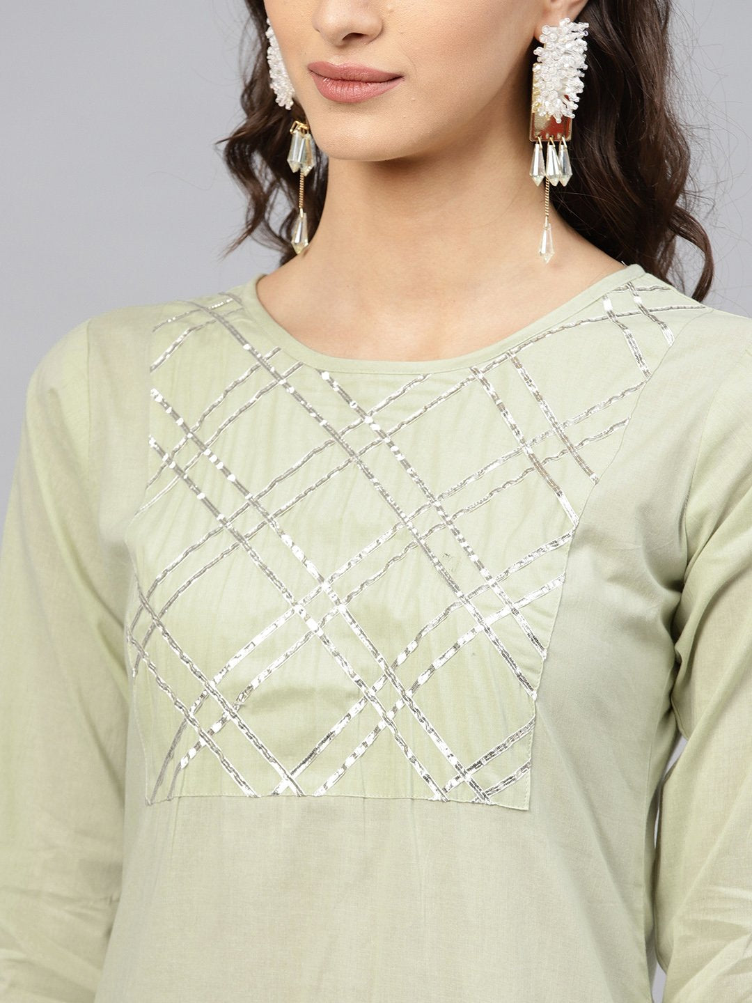 Pastel Green 3/4Th Sleeve Cotton Kurta With Gotta Patti Work At Yoke And Ankle Length Palazzo | LASVINI - Redefining Indian Fashion with Elegance