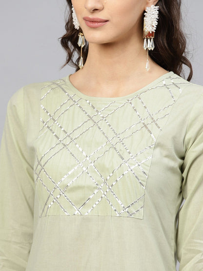 Pastel Green 3/4Th Sleeve Cotton Kurta With Gotta Patti Work At Yoke And Ankle Length Palazzo | LASVINI - Redefining Indian Fashion with Elegance