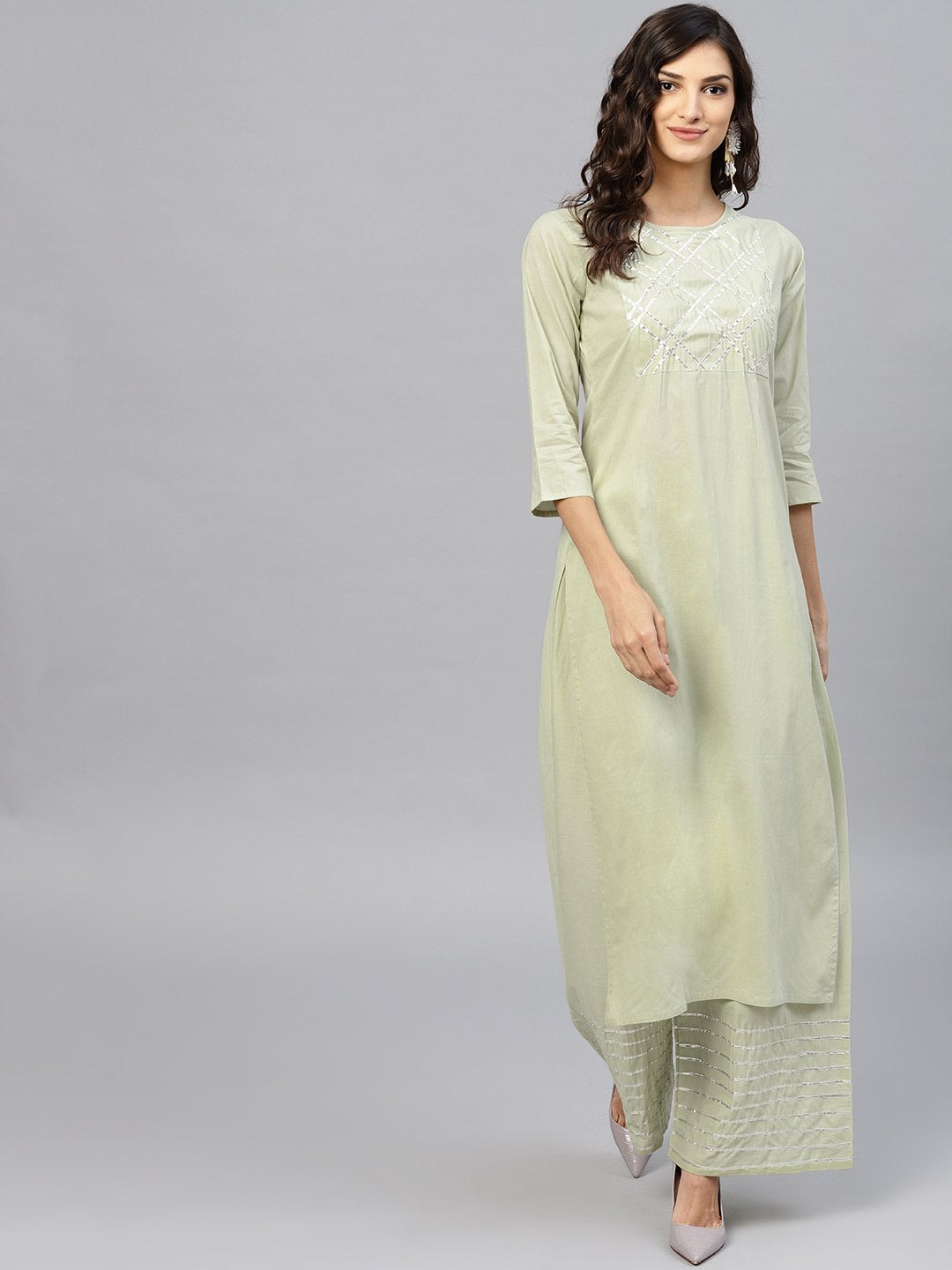 Pastel Green 3/4Th Sleeve Cotton Kurta With Gotta Patti Work At Yoke And Ankle Length Palazzo | LASVINI - Redefining Indian Fashion with Elegance