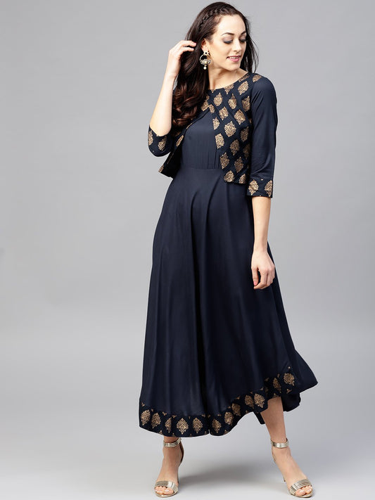 Navy Blue  3/4Th Sleeve Printed Maxi Dress With Round Neck | LASVINI - Redefining Indian Fashion with Elegance