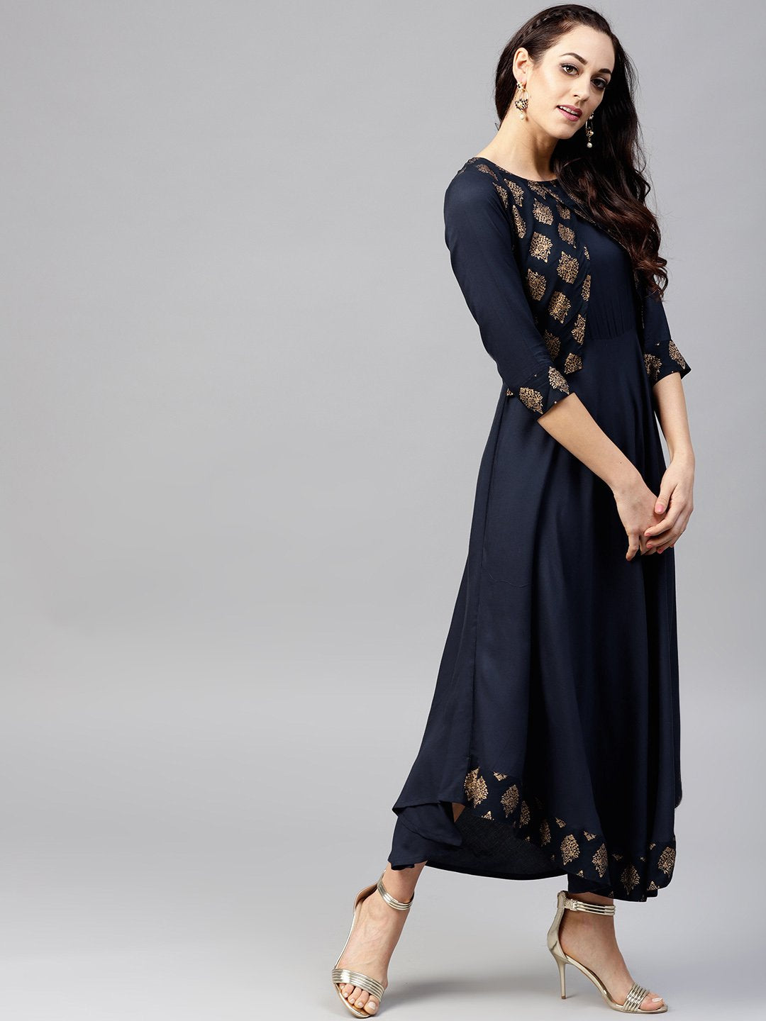 Navy Blue  3/4Th Sleeve Printed Maxi Dress With Round Neck | LASVINI - Redefining Indian Fashion with Elegance