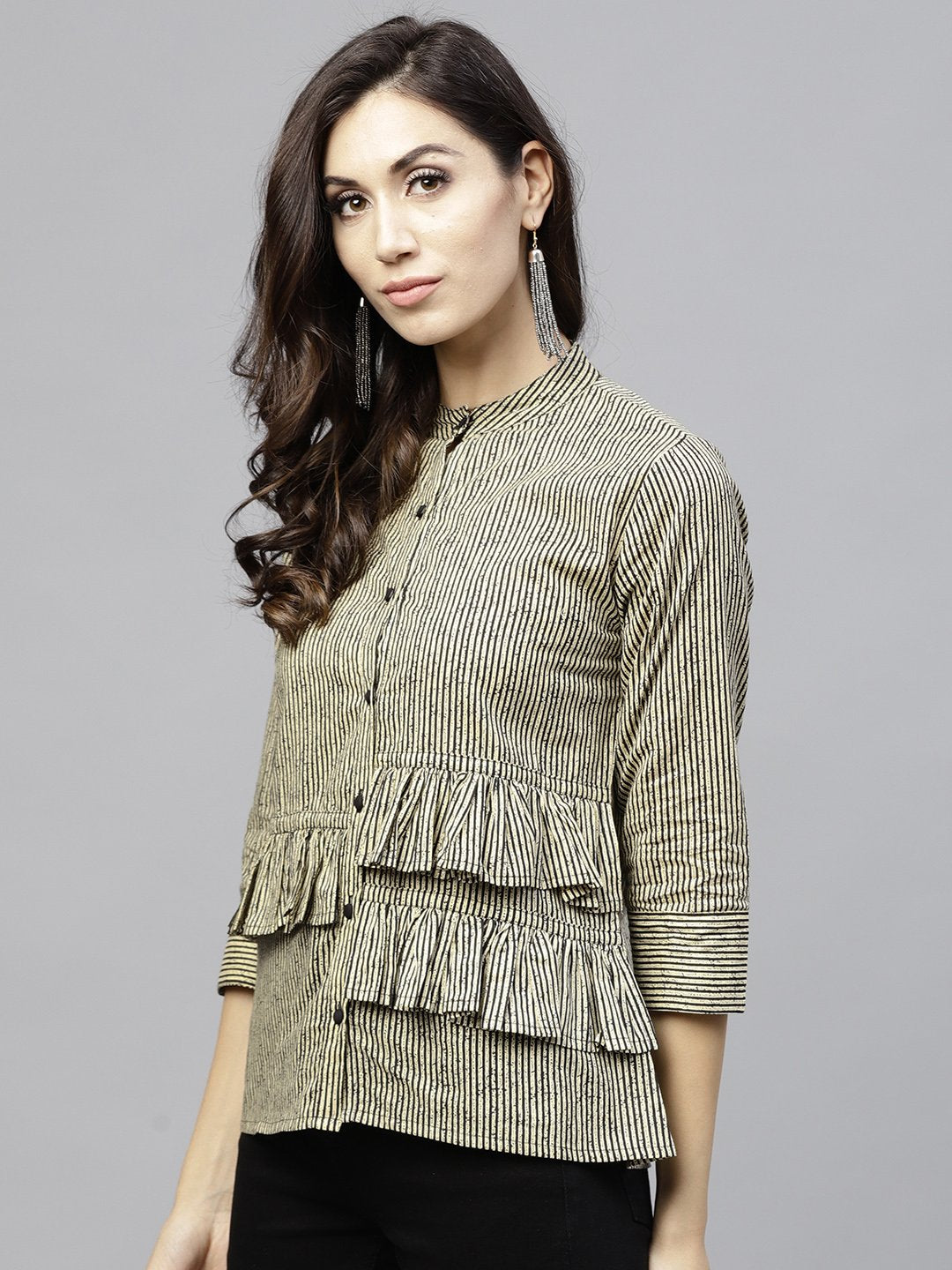 Black Striped 3/4Th Sleeve Layered Top | LASVINI - Redefining Indian Fashion with Elegance