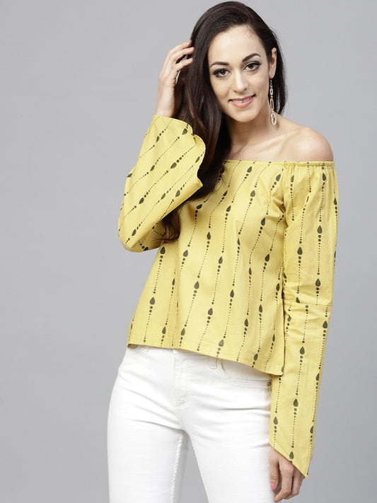 Yellow Off Shoulder Full Sleeve Cotton Top | LASVINI - Redefining Indian Fashion with Elegance