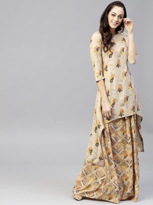 Beige Printed 3/4Th Sleeve Cotton High-Low Kurta With Ankle Length Skirt | LASVINI - Redefining Indian Fashion with Elegance
