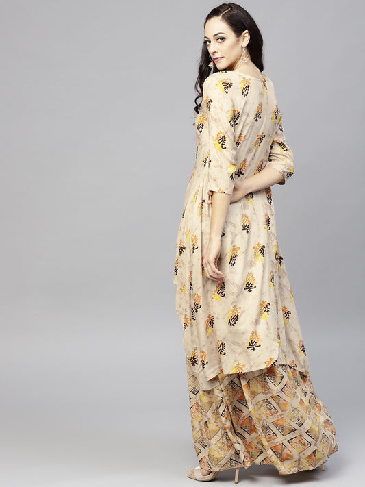 Beige Printed 3/4Th Sleeve Cotton High-Low Kurta With Ankle Length Skirt | LASVINI - Redefining Indian Fashion with Elegance
