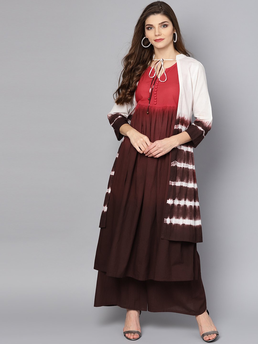 Multi Color Omree Dyed 3/4Th Sleeve Cotton Kurta With Ankle Length Skirt & White Jacket | LASVINI - Redefining Indian Fashion with Elegance