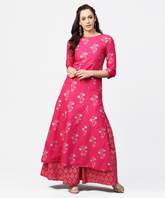 Pink Printed 3/4Th Sleeve Cotton Kurta With Printed Skirt | LASVINI - Redefining Indian Fashion with Elegance