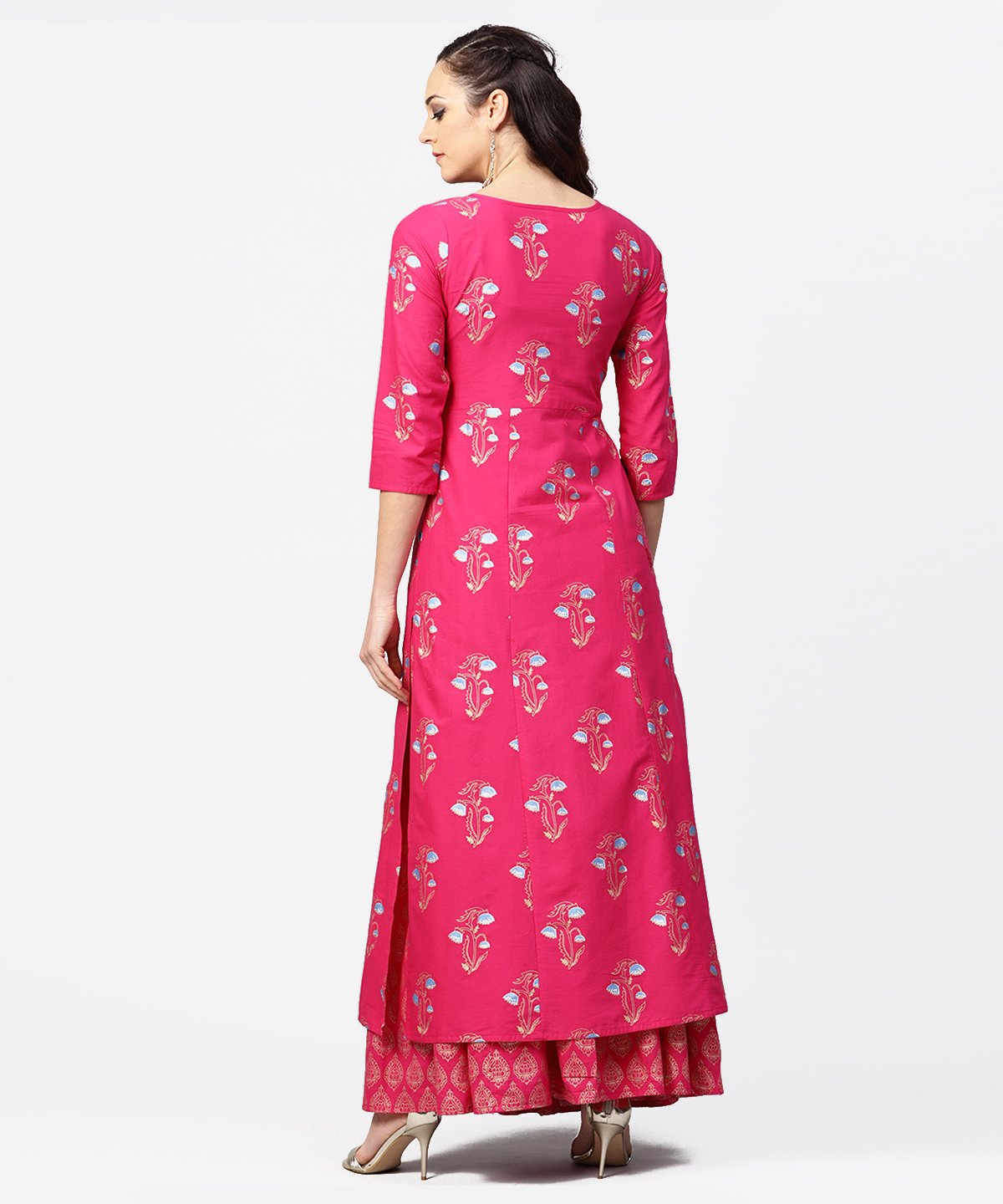 Pink Printed 3/4Th Sleeve Cotton Kurta With Printed Skirt | LASVINI - Redefining Indian Fashion with Elegance