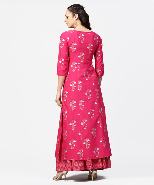 Pink Printed 3/4Th Sleeve Cotton Kurta With Printed Skirt | LASVINI - Redefining Indian Fashion with Elegance