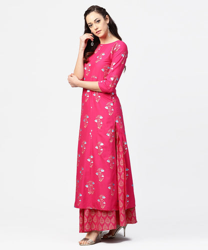 Pink Printed 3/4Th Sleeve Cotton Kurta With Printed Skirt | LASVINI - Redefining Indian Fashion with Elegance