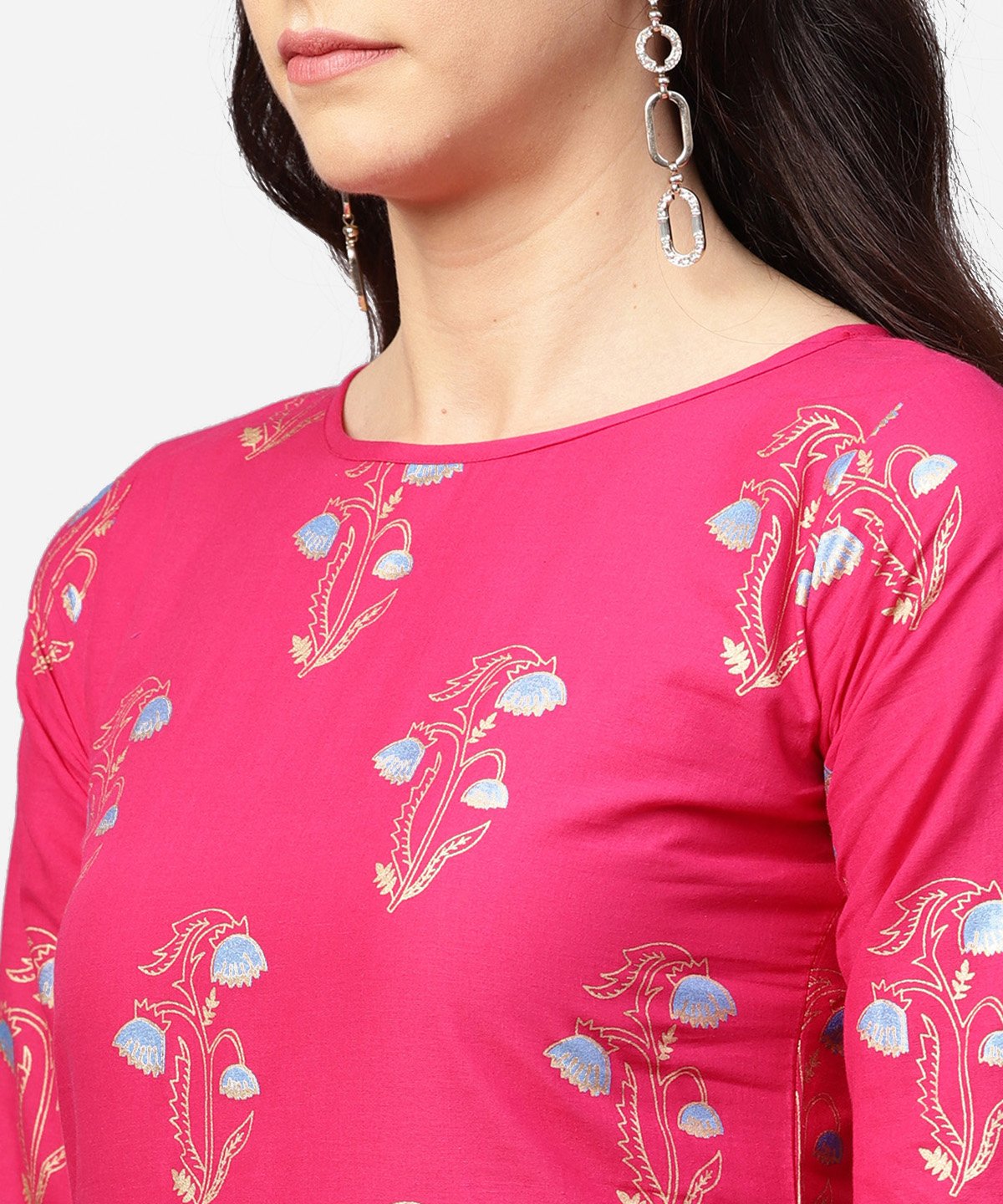 Pink Printed 3/4Th Sleeve Cotton Kurta With Printed Skirt | LASVINI - Redefining Indian Fashion with Elegance